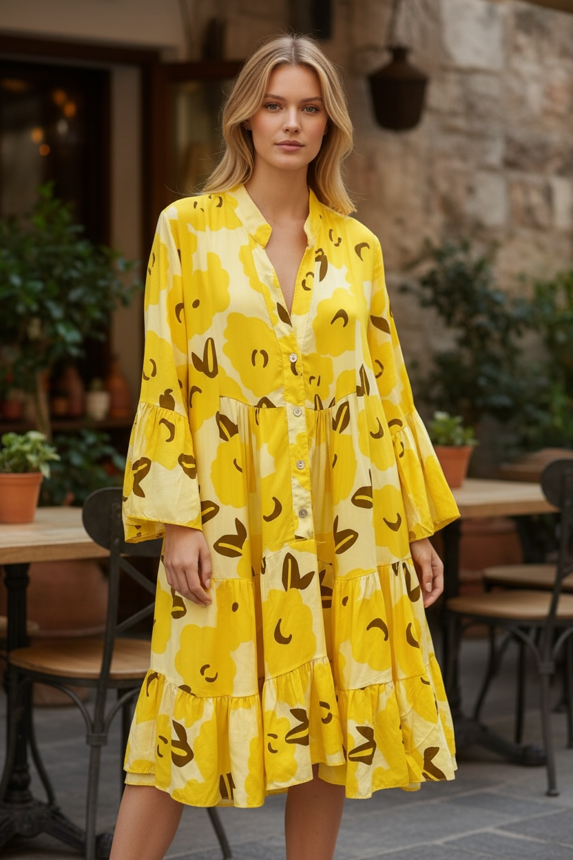 Viskose-Stufenkleid mit Retro-Blumenprint