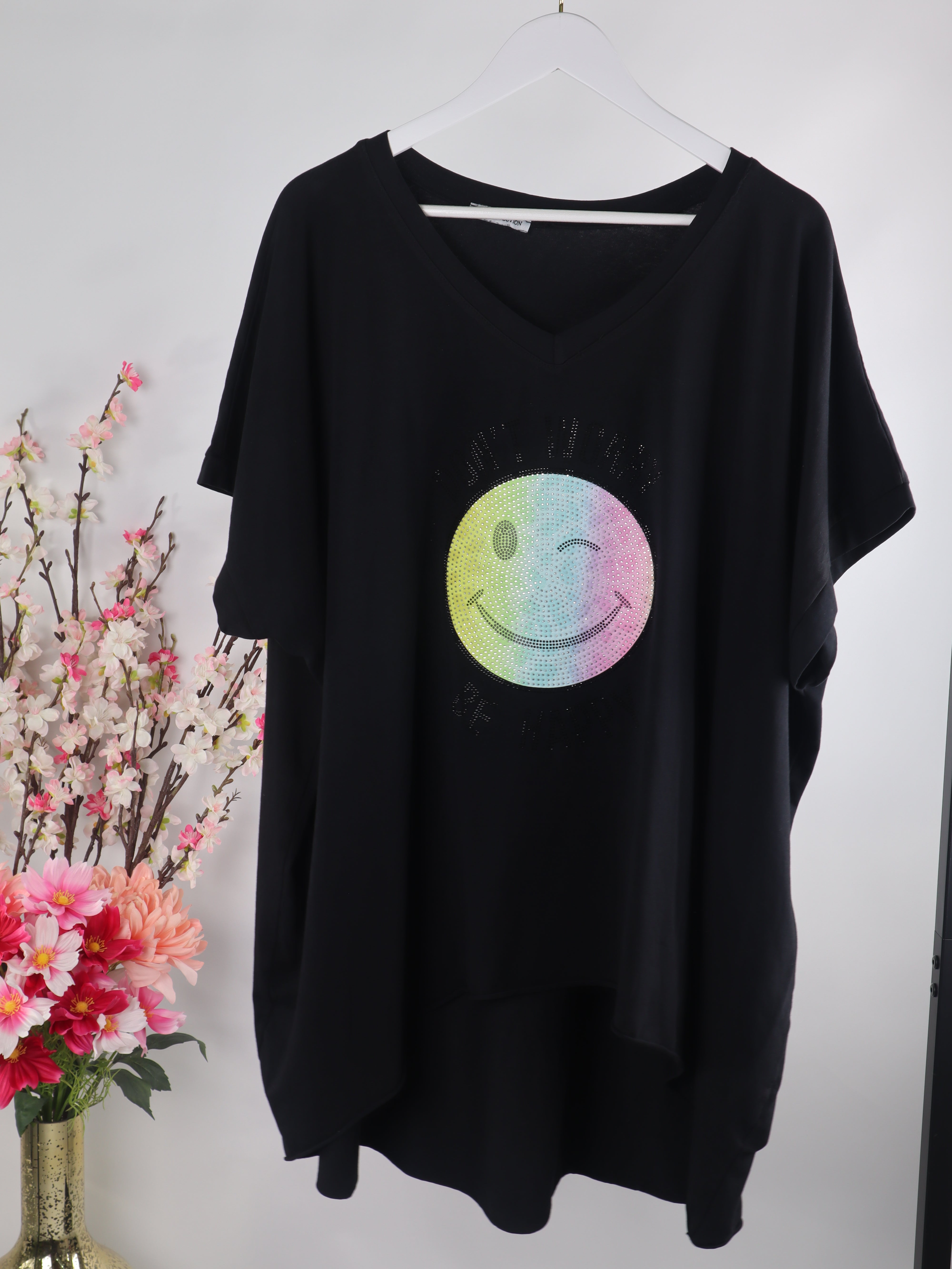 Oversize Shirt „Don’t Worry Be Happy“ mit Strass Smiley
