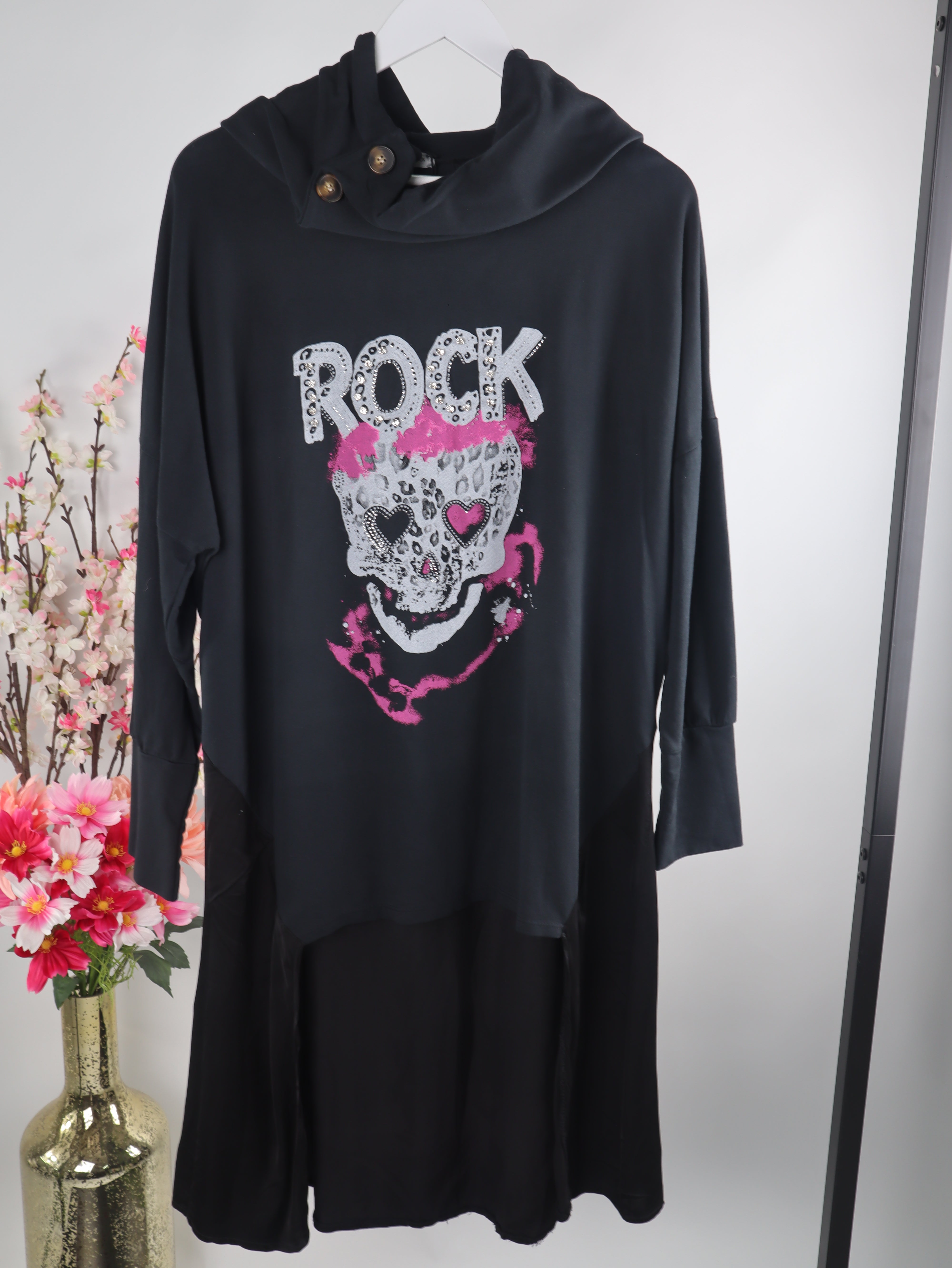Oversize Hoodie Kleid „Rock Skull“ – Strass & Neon Print