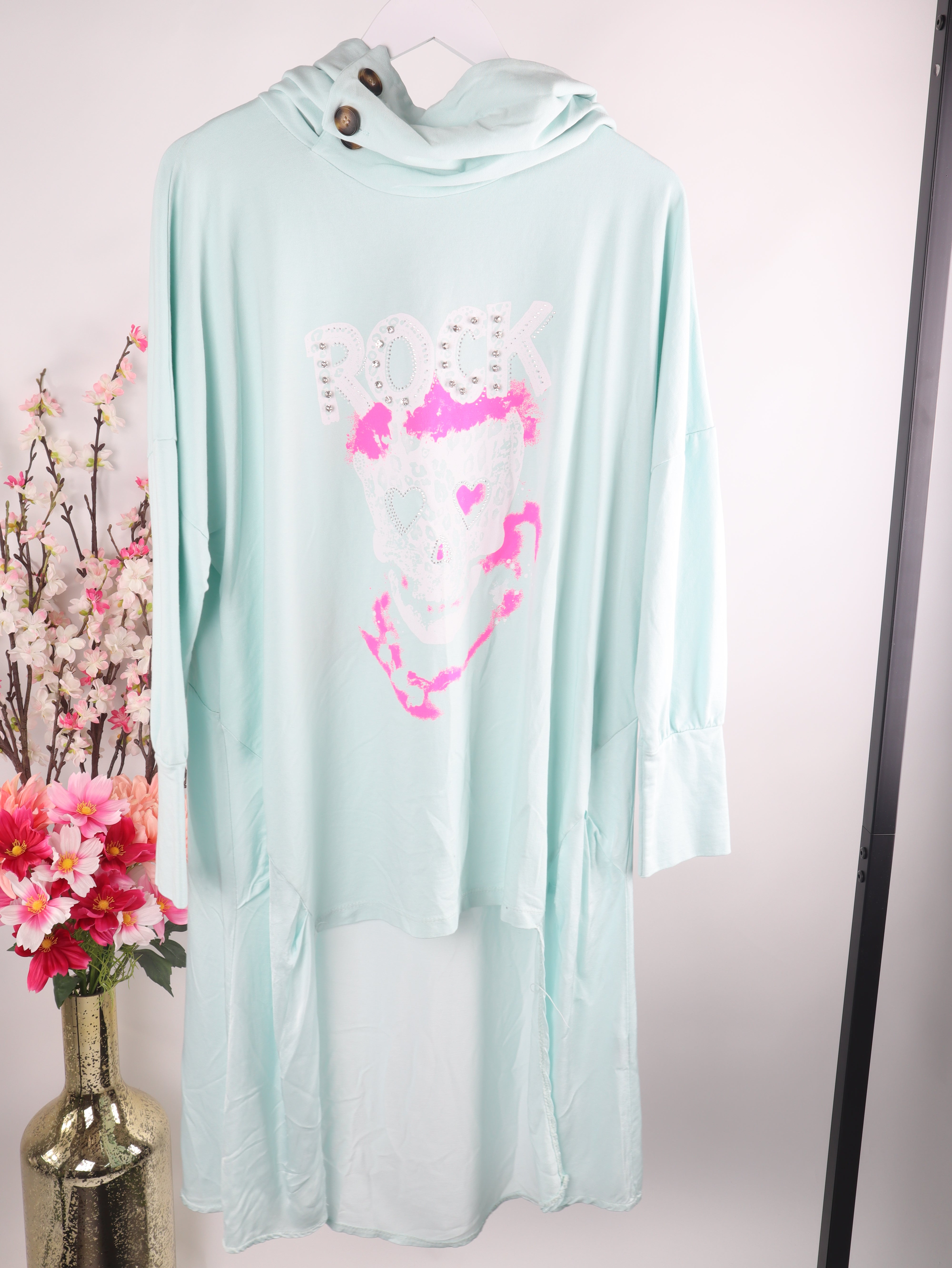 Oversize Hoodie Kleid „Rock Skull“ – Strass & Neon Print