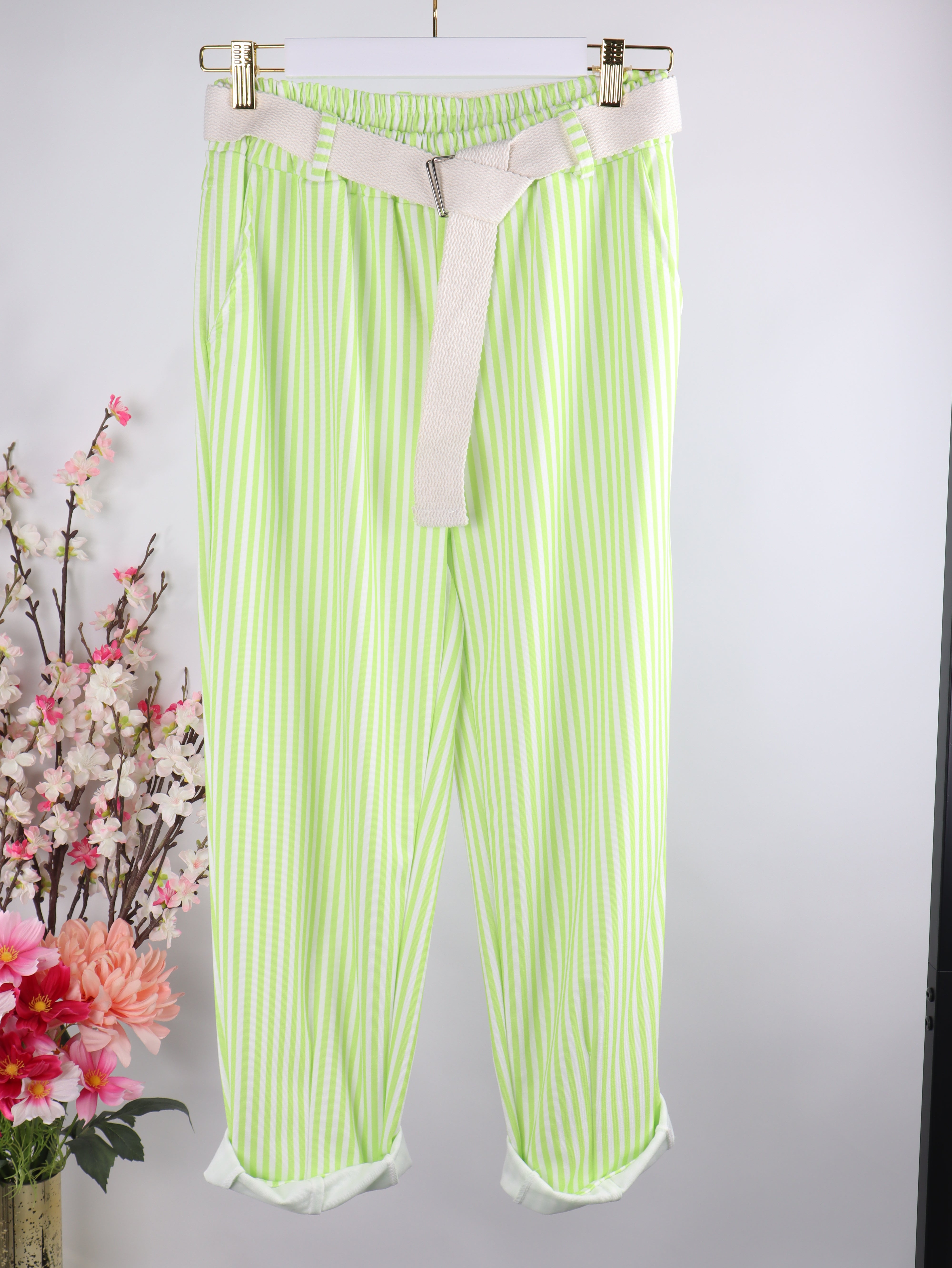 Streifen Stoffhose mit elastischem Bund & Gürtel