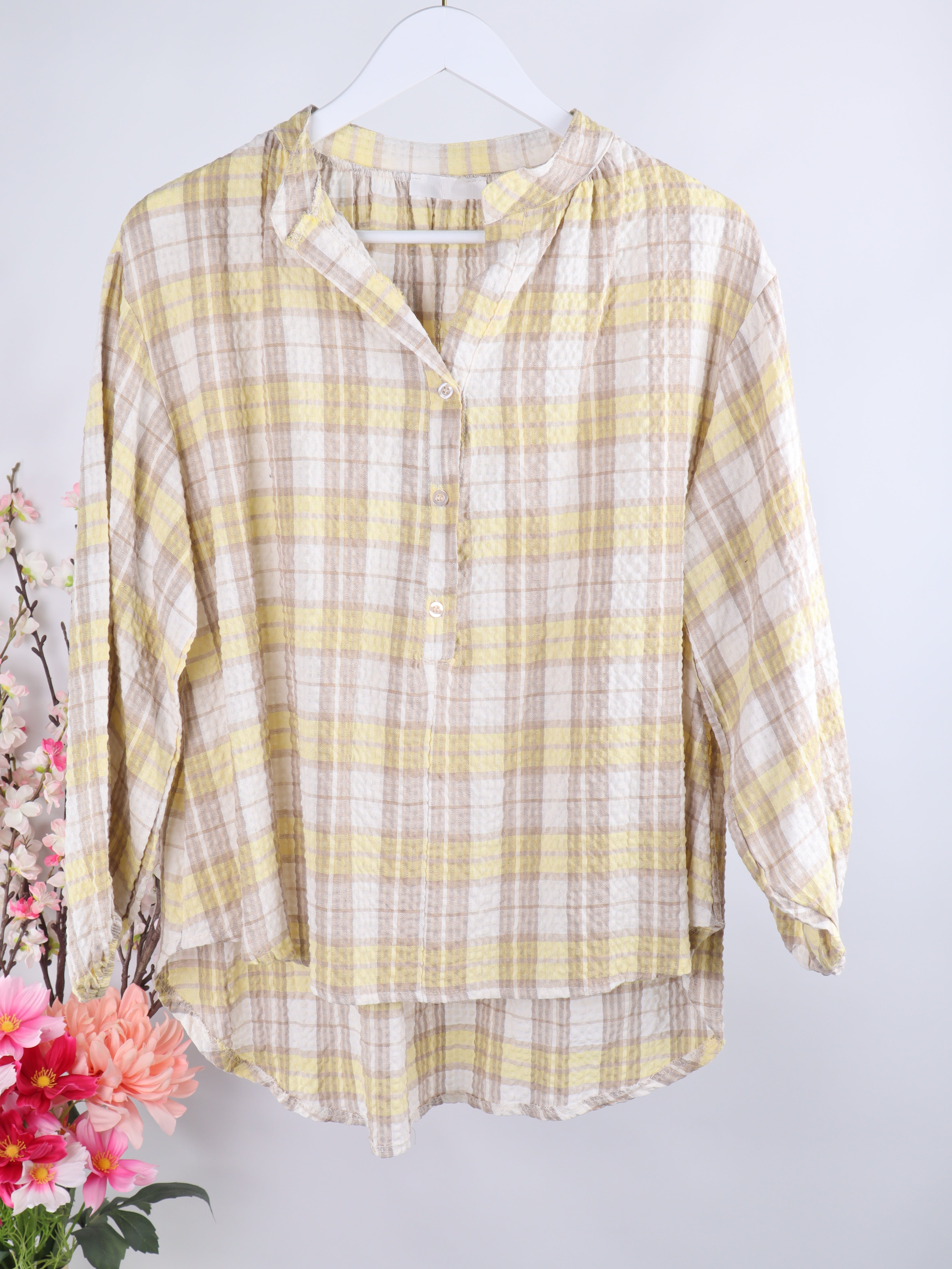 Karierte Baumwoll-Bluse in Crinkle-Optik