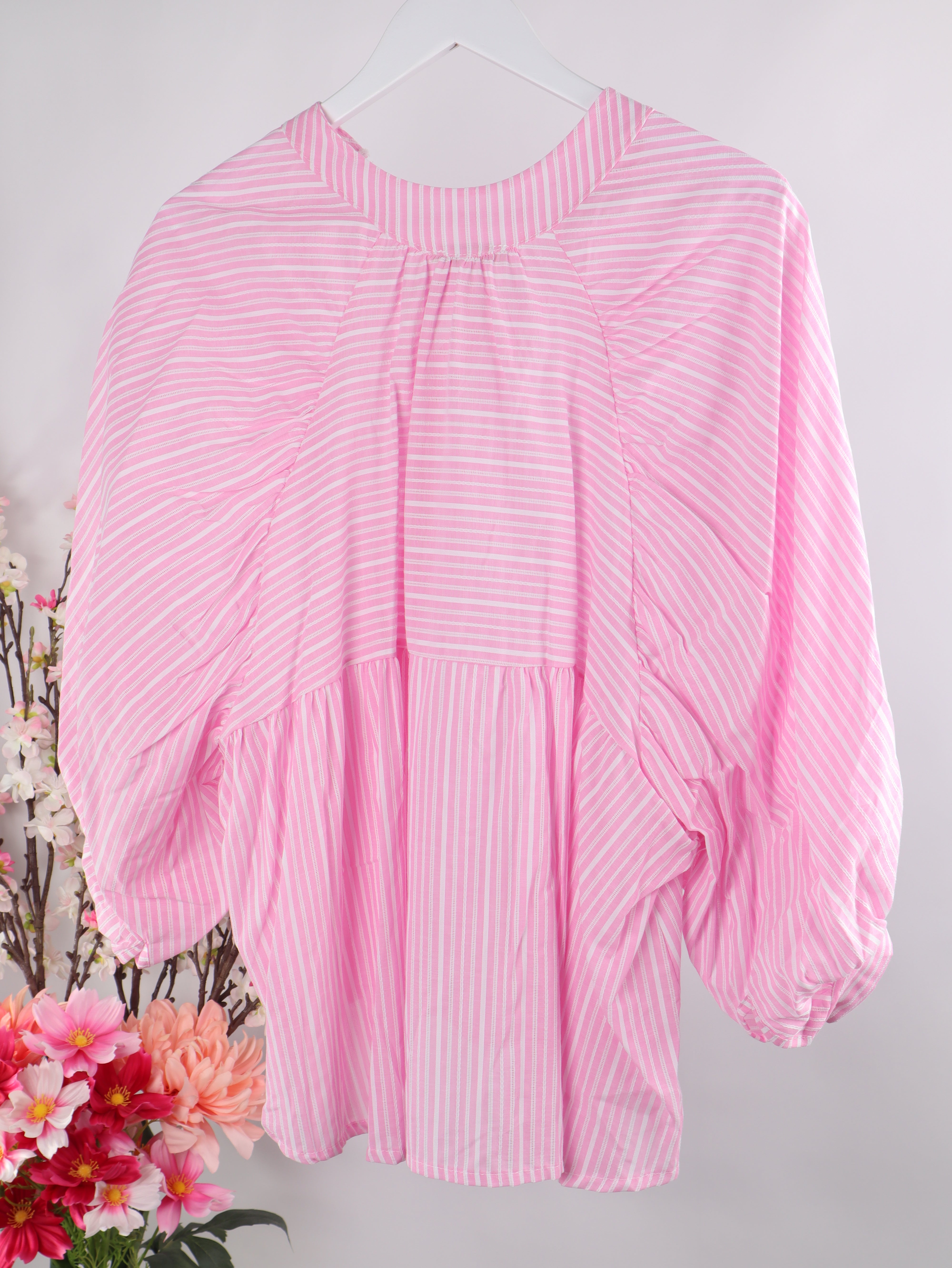 Gestreifte Oversize Baumwoll-Bluse mit Volumenärmeln