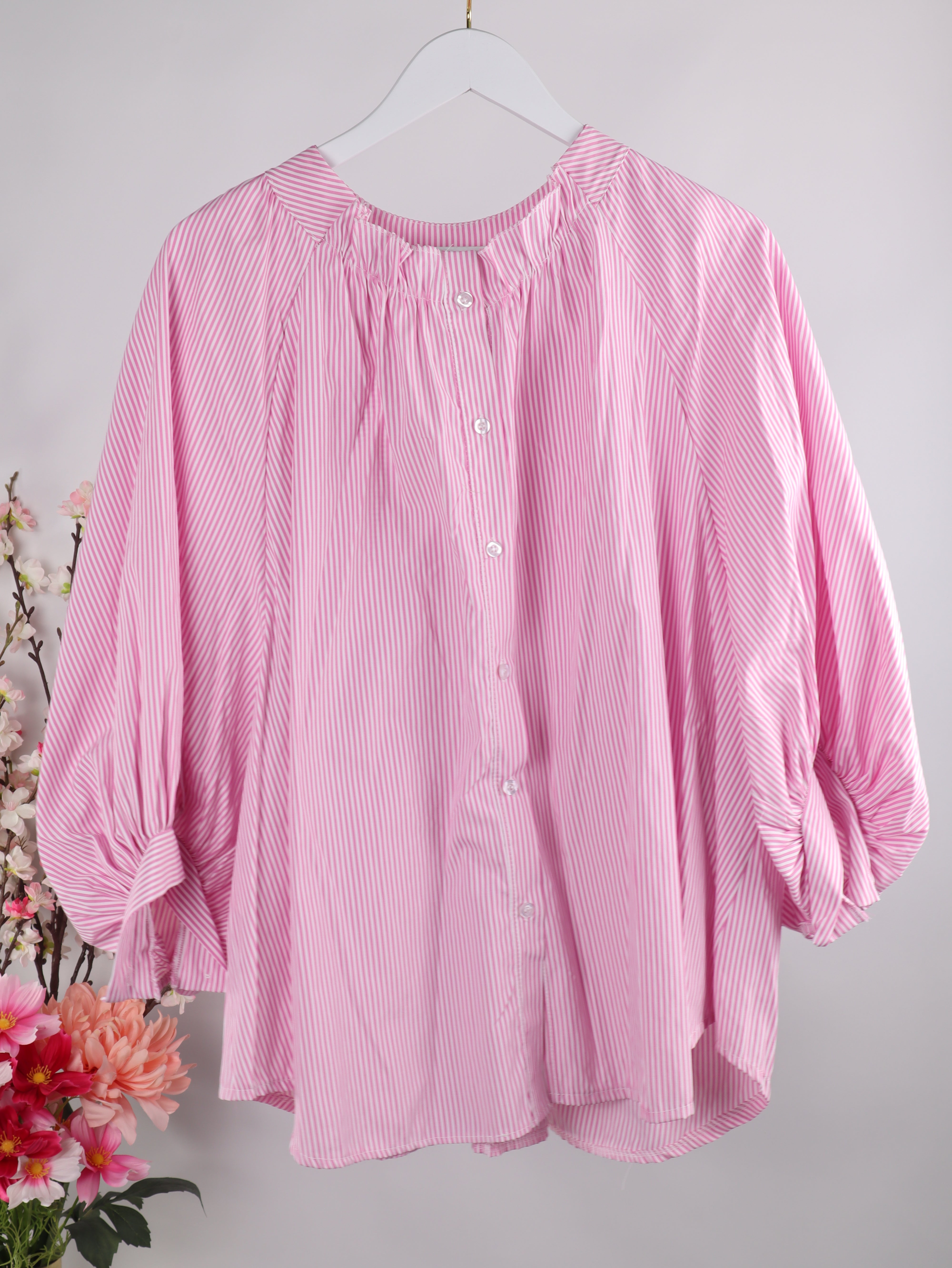 Gestreifte Oversize Baumwoll-Bluse mit Volumenärmeln 2.0