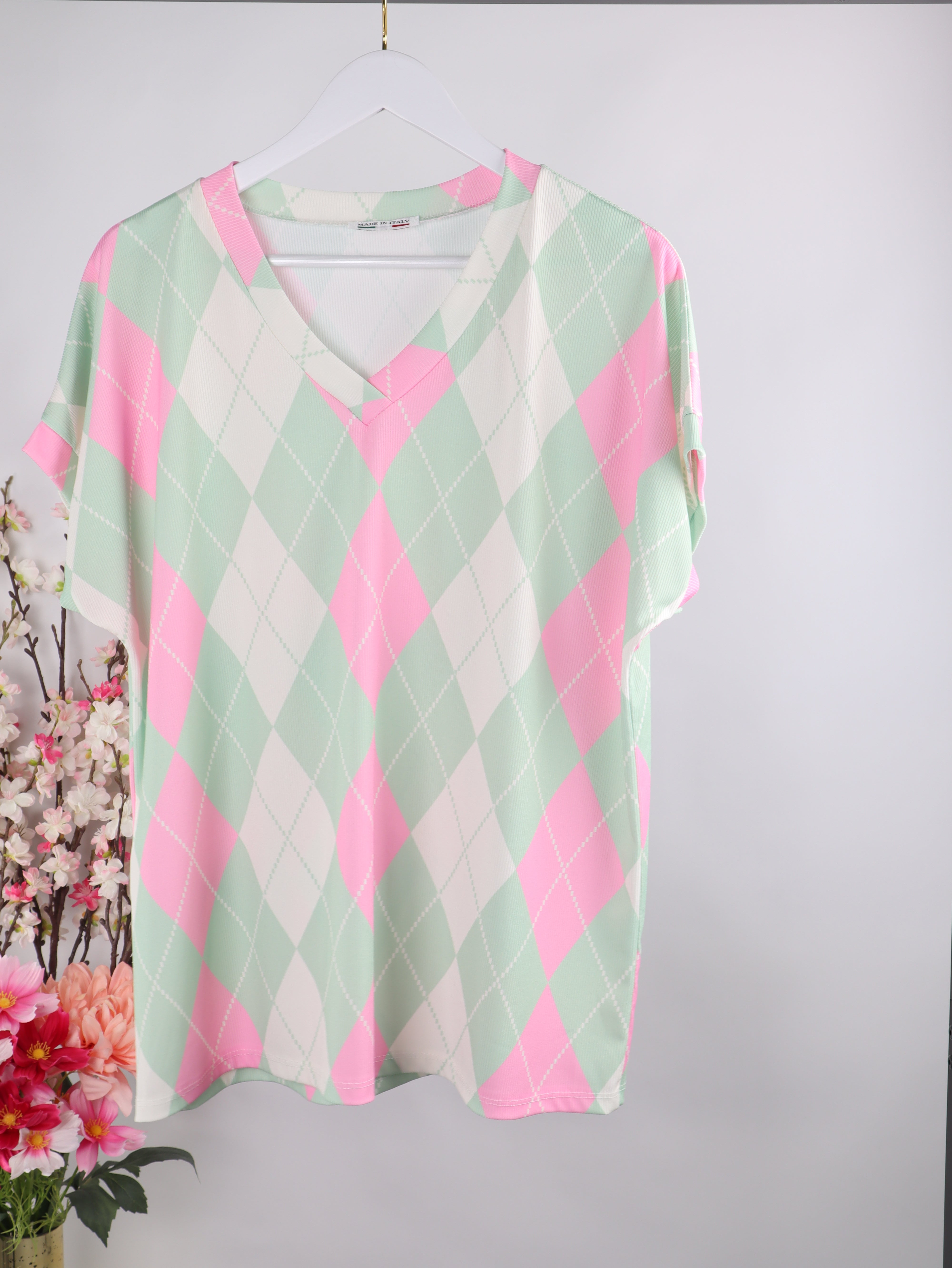 Geripptes Oversize-Shirt mit Rautenmuster