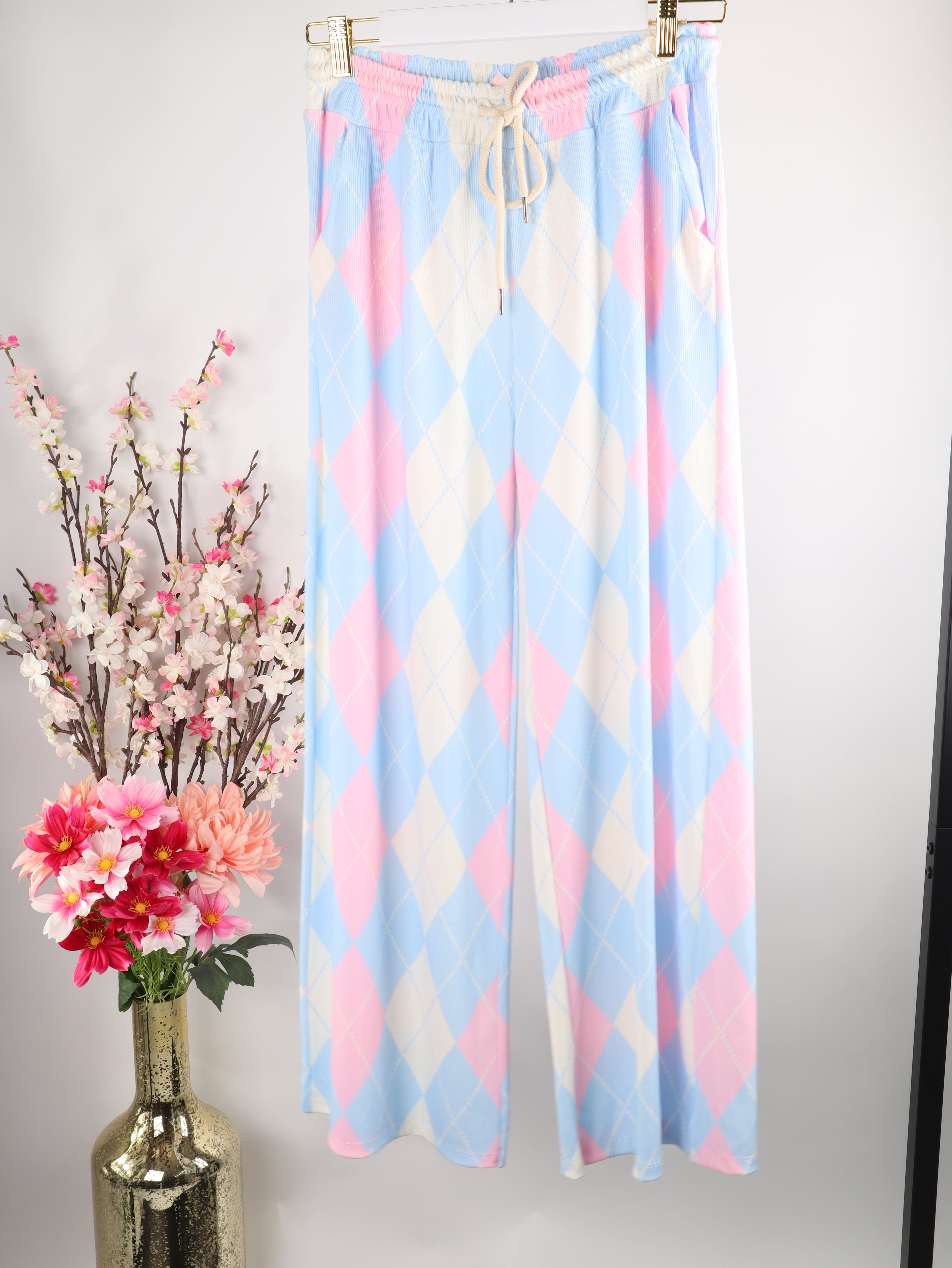 Gerippte Wide-Leg Hose mit Rautenmuster