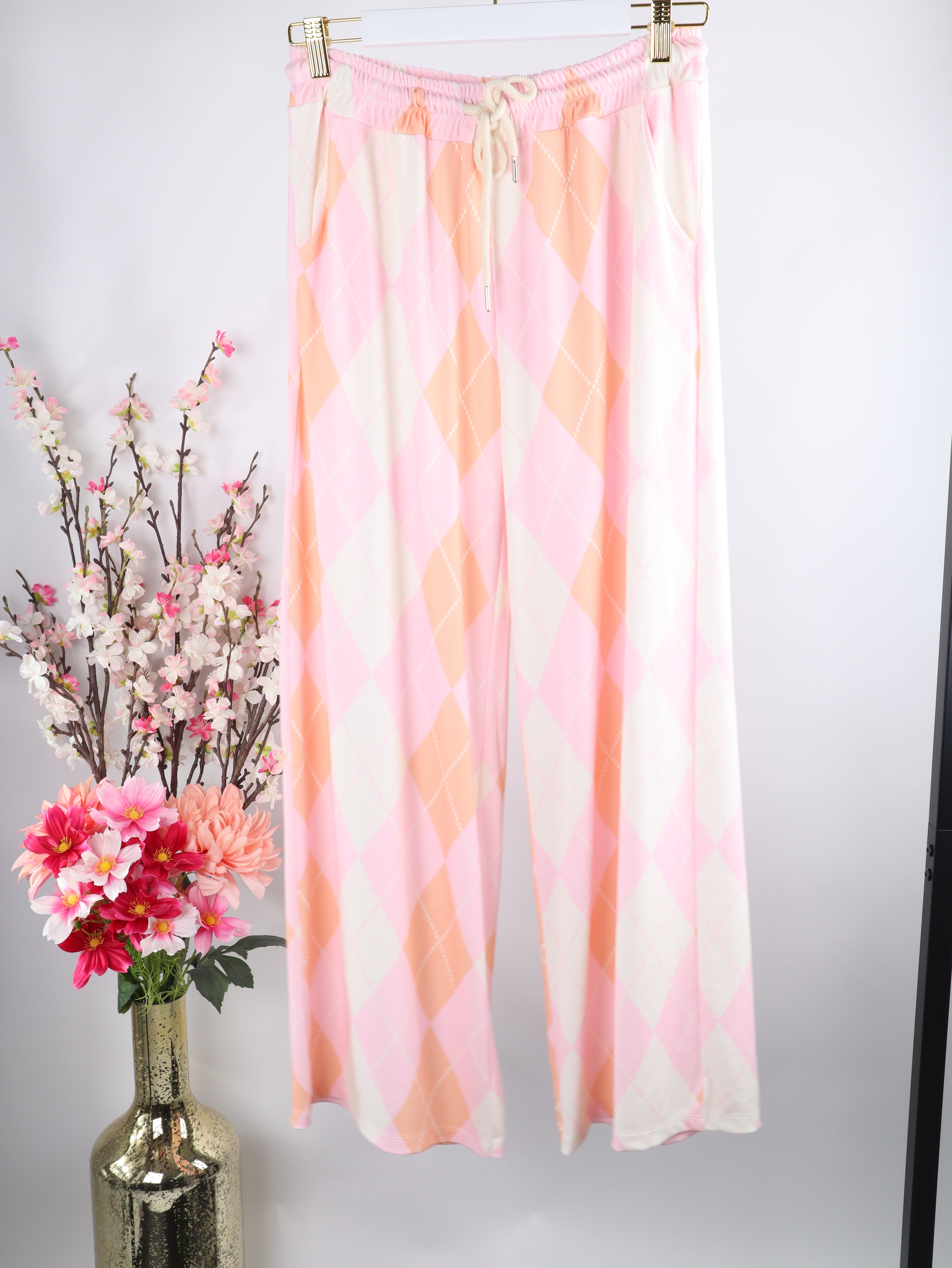 Gerippte Wide-Leg Hose mit Rautenmuster