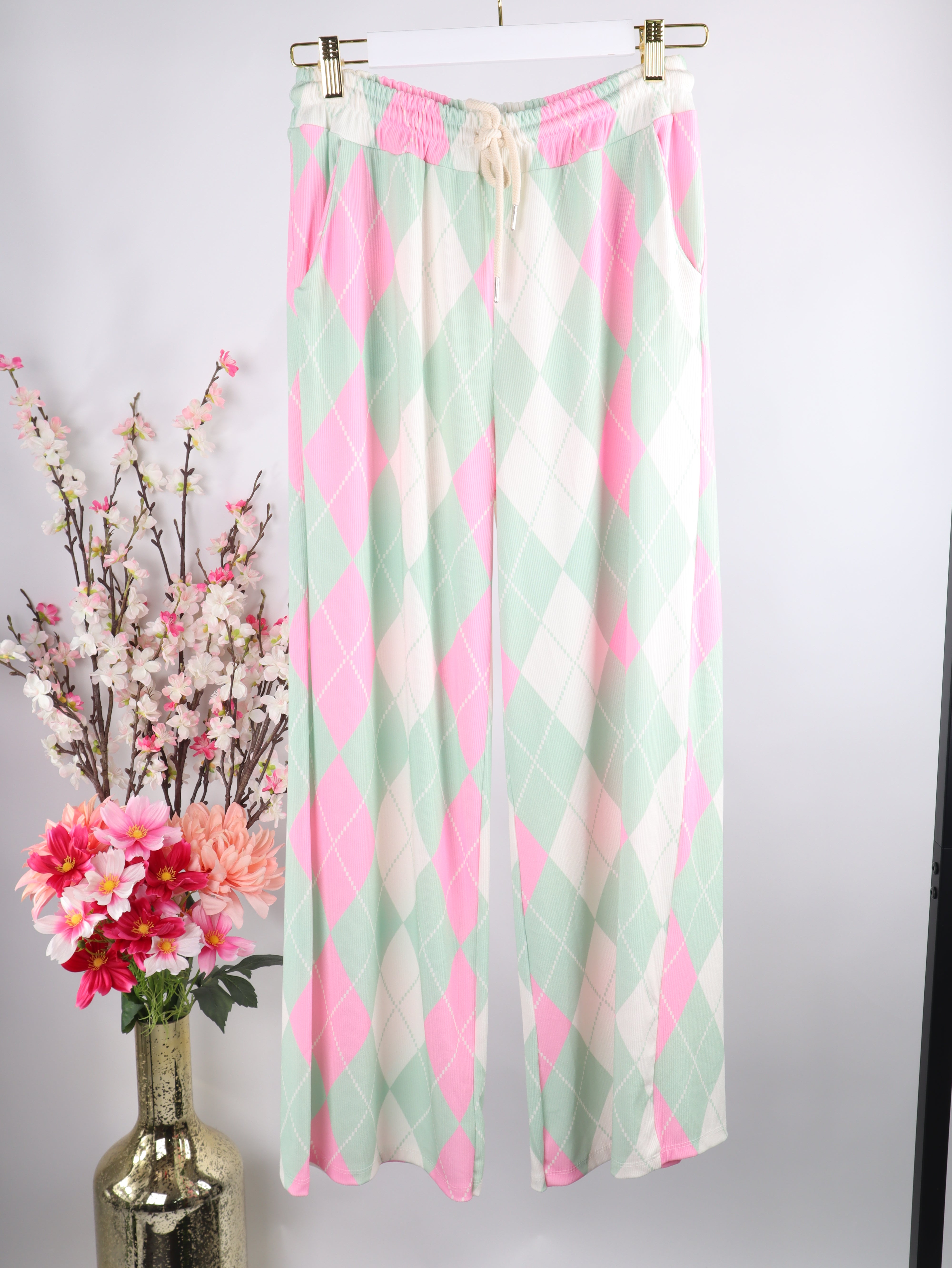 Gerippte Wide-Leg Hose mit Rautenmuster