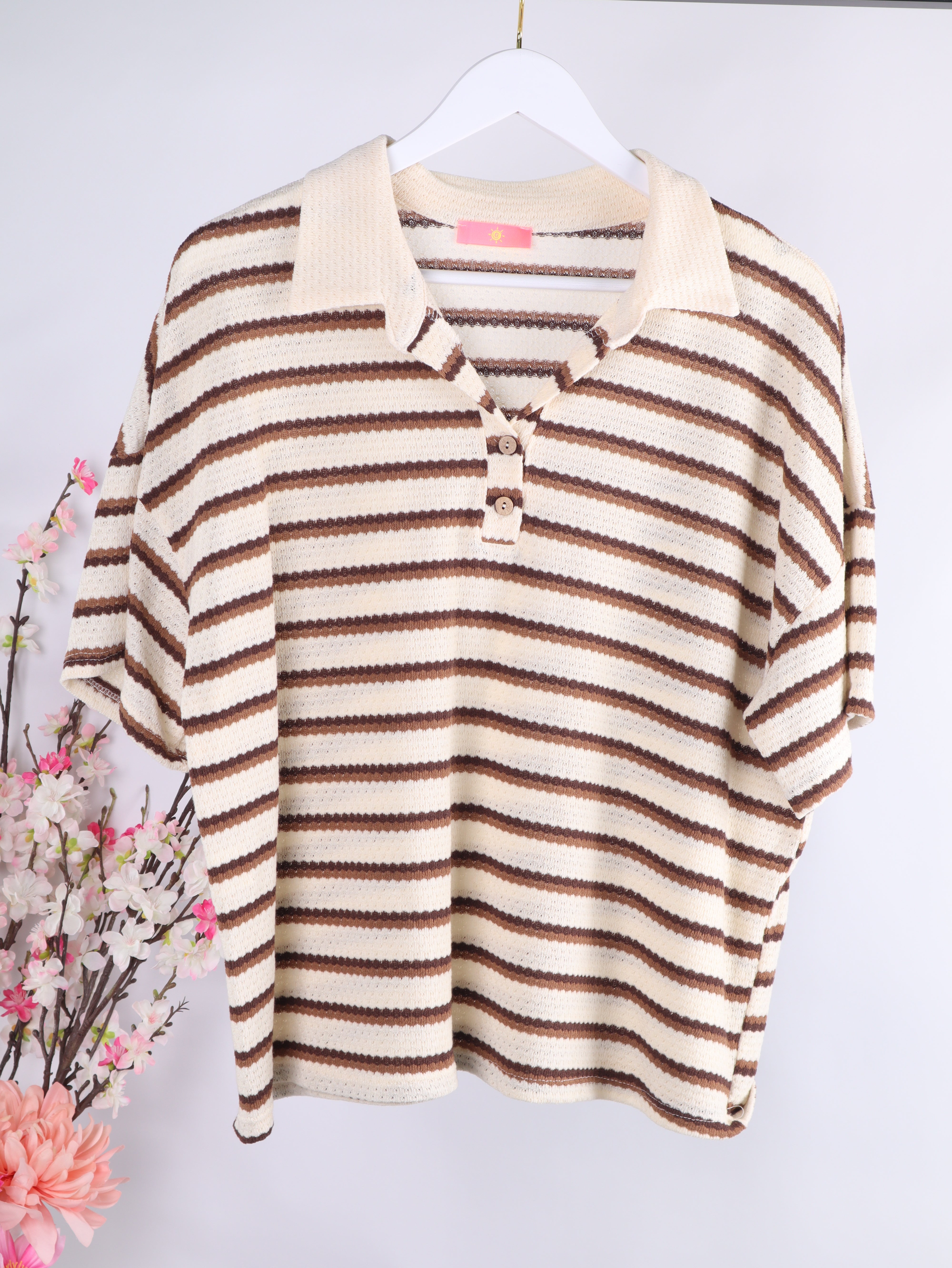 Oversize Strick-Poloshirt mit Pastell-Streifen