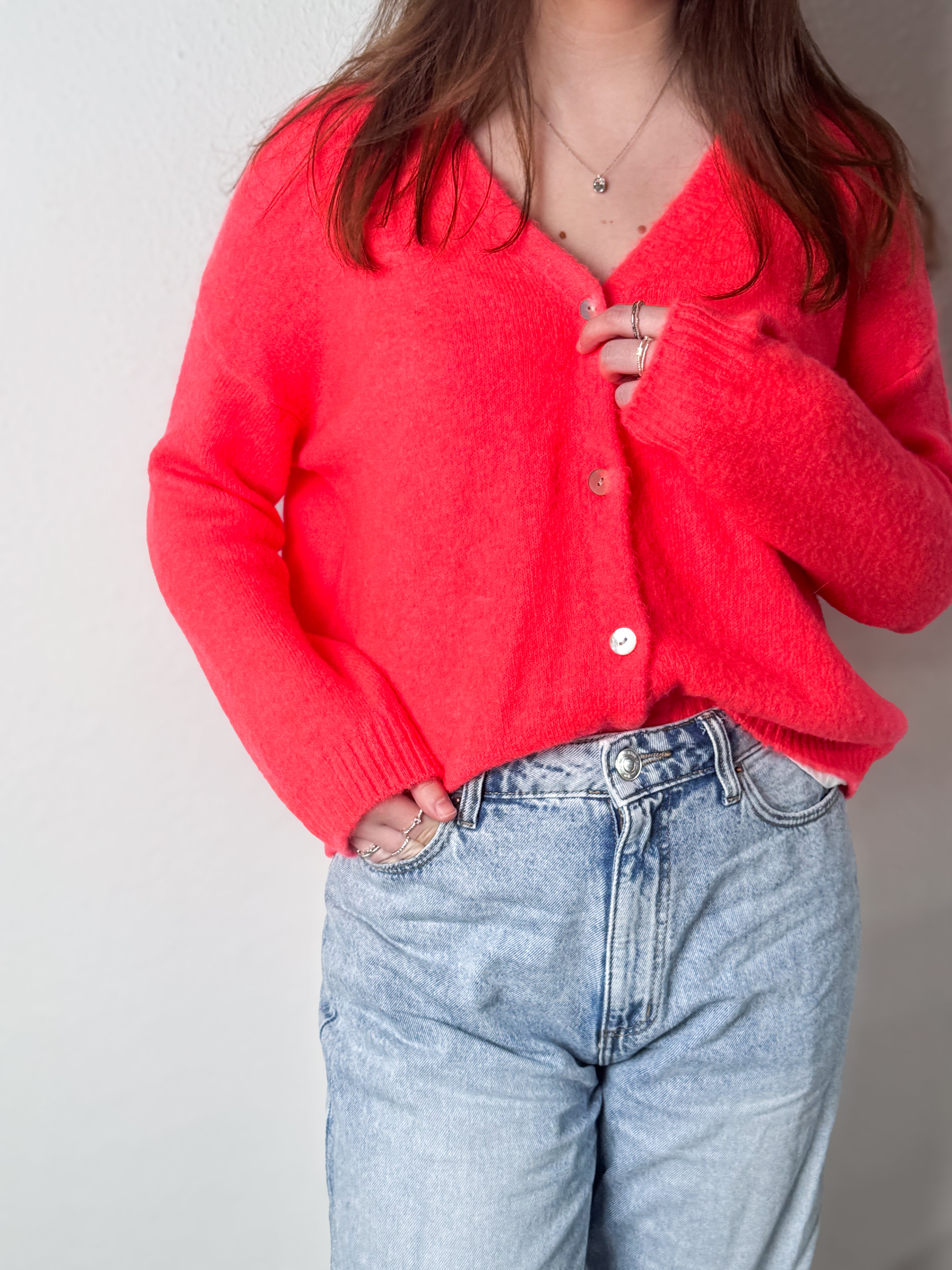 Strickjacke Alpaka - Neon Koralle