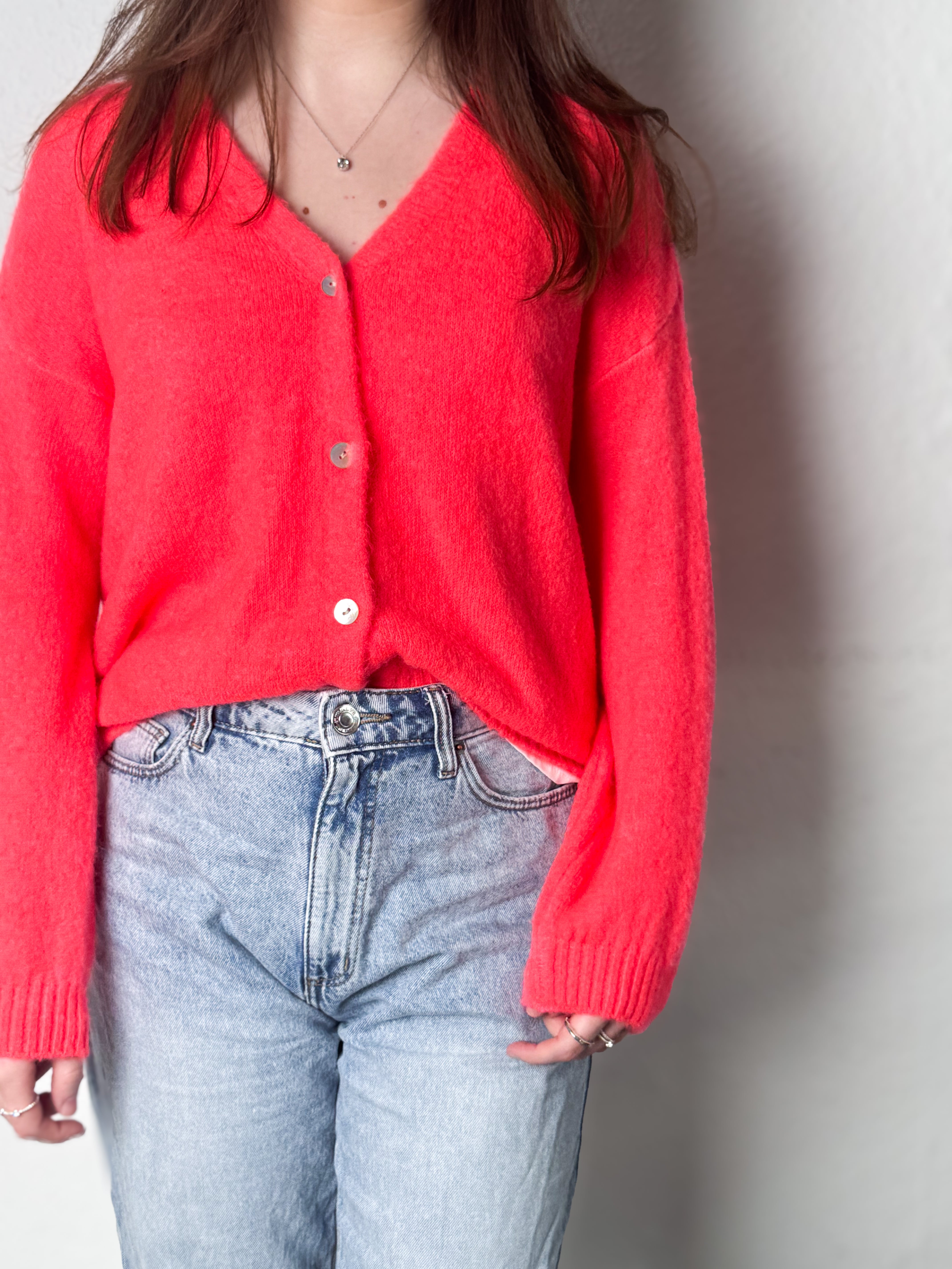 Strickjacke Alpaka - Neon Koralle