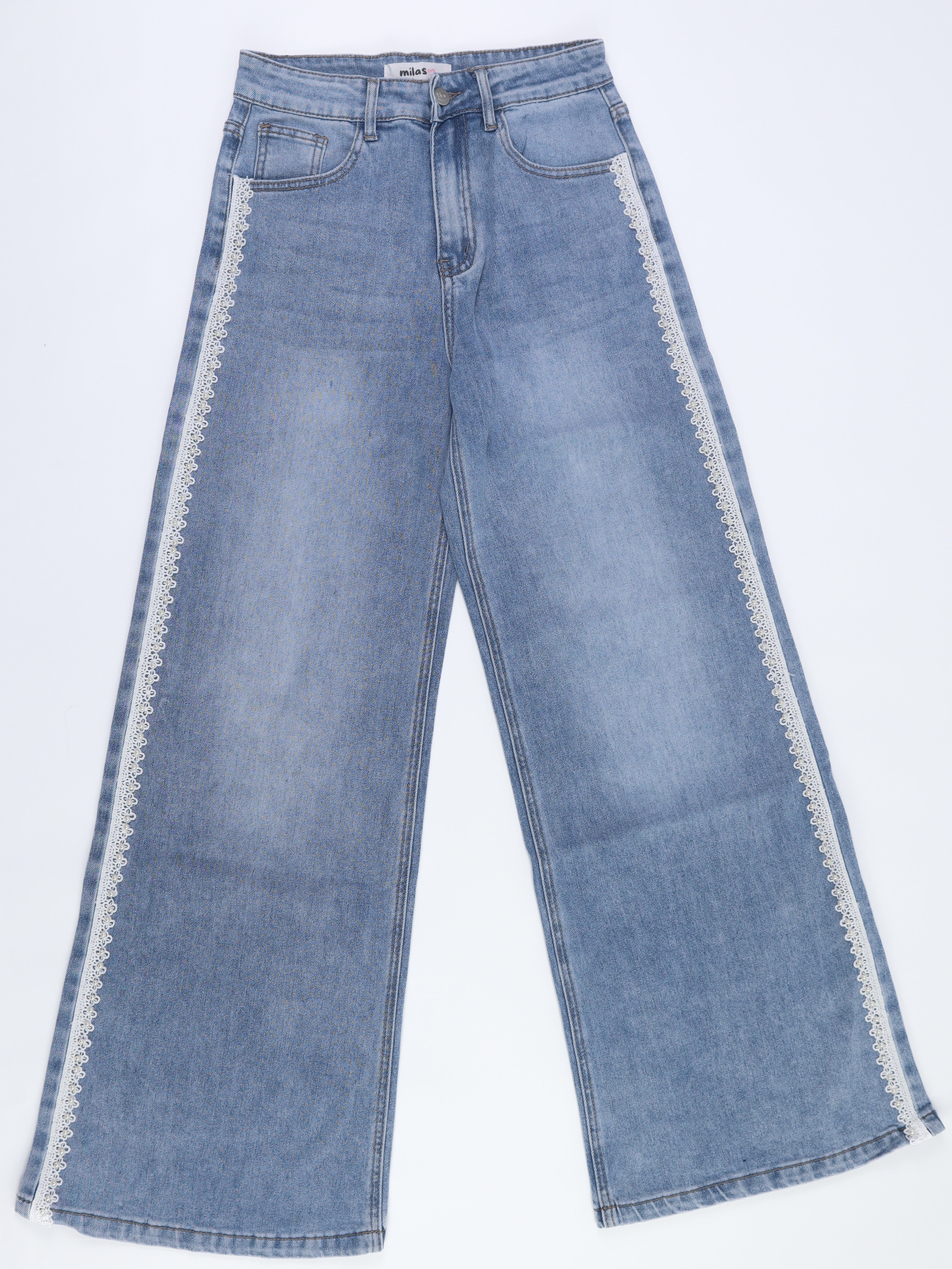 Milas Wide Leg Jeans mit Spitzen- & Perlendetails