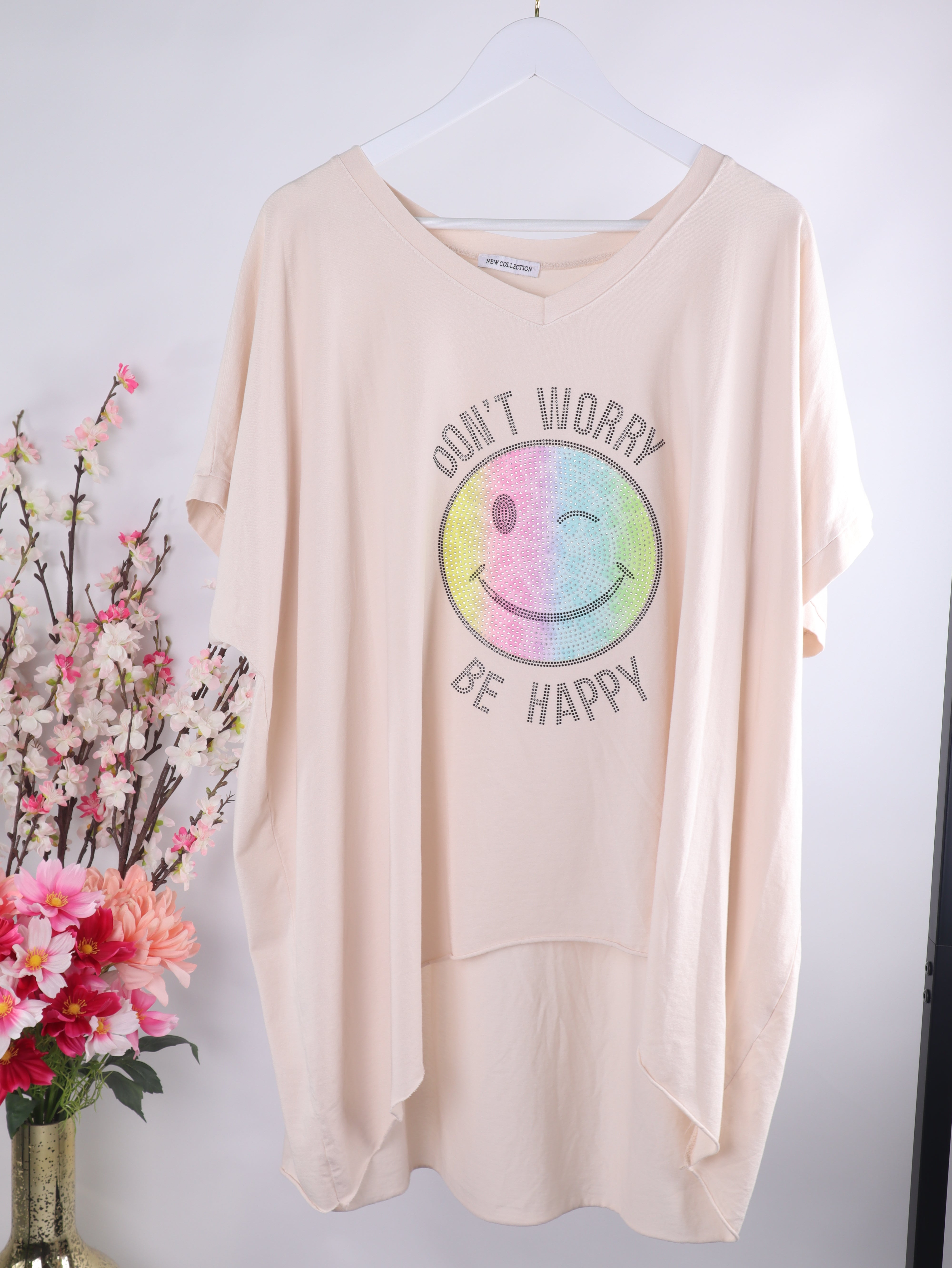 Oversize Shirt „Don’t Worry Be Happy“ mit Strass Smiley