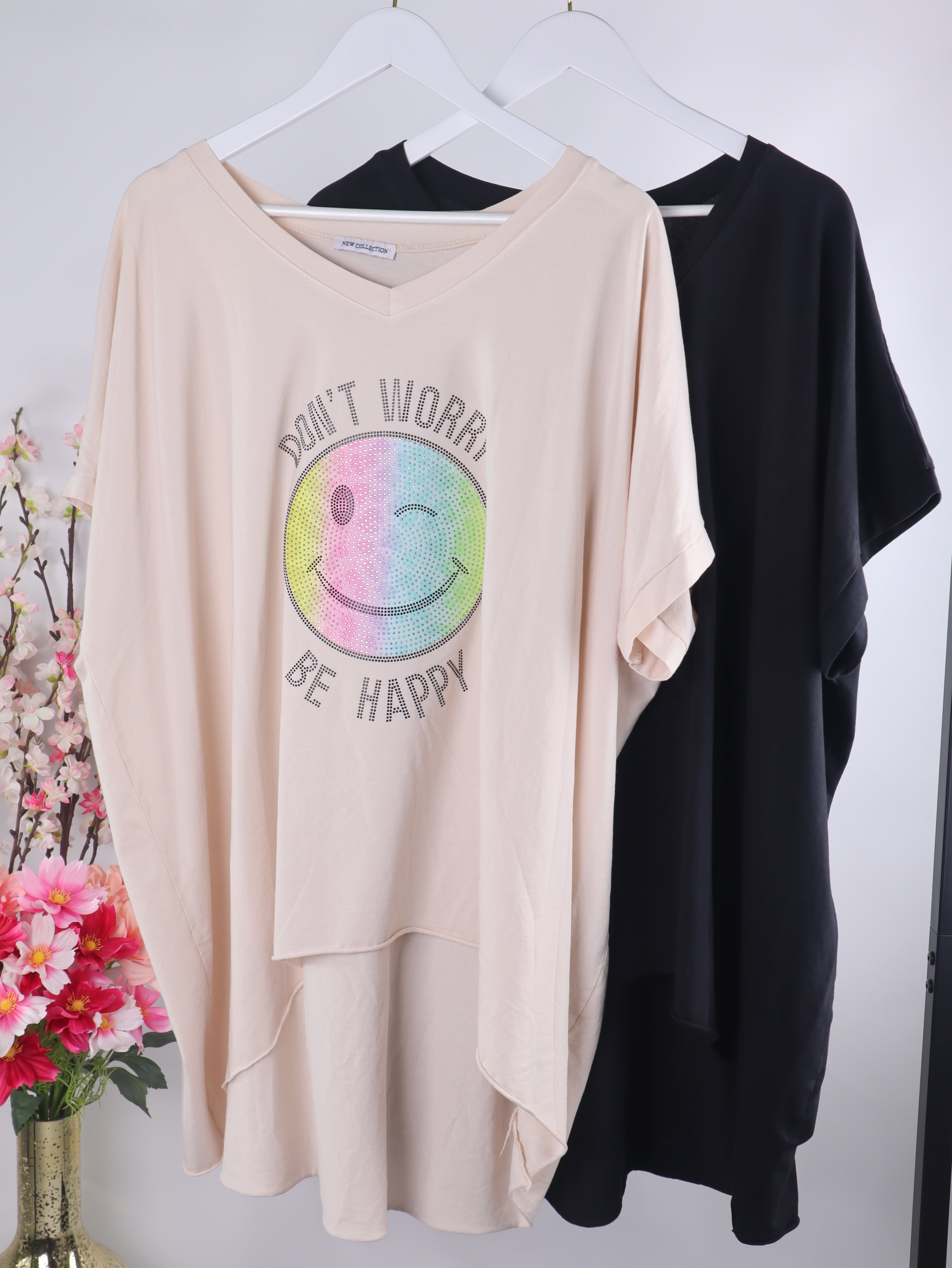 Oversize Shirt „Don’t Worry Be Happy“ mit Strass Smiley