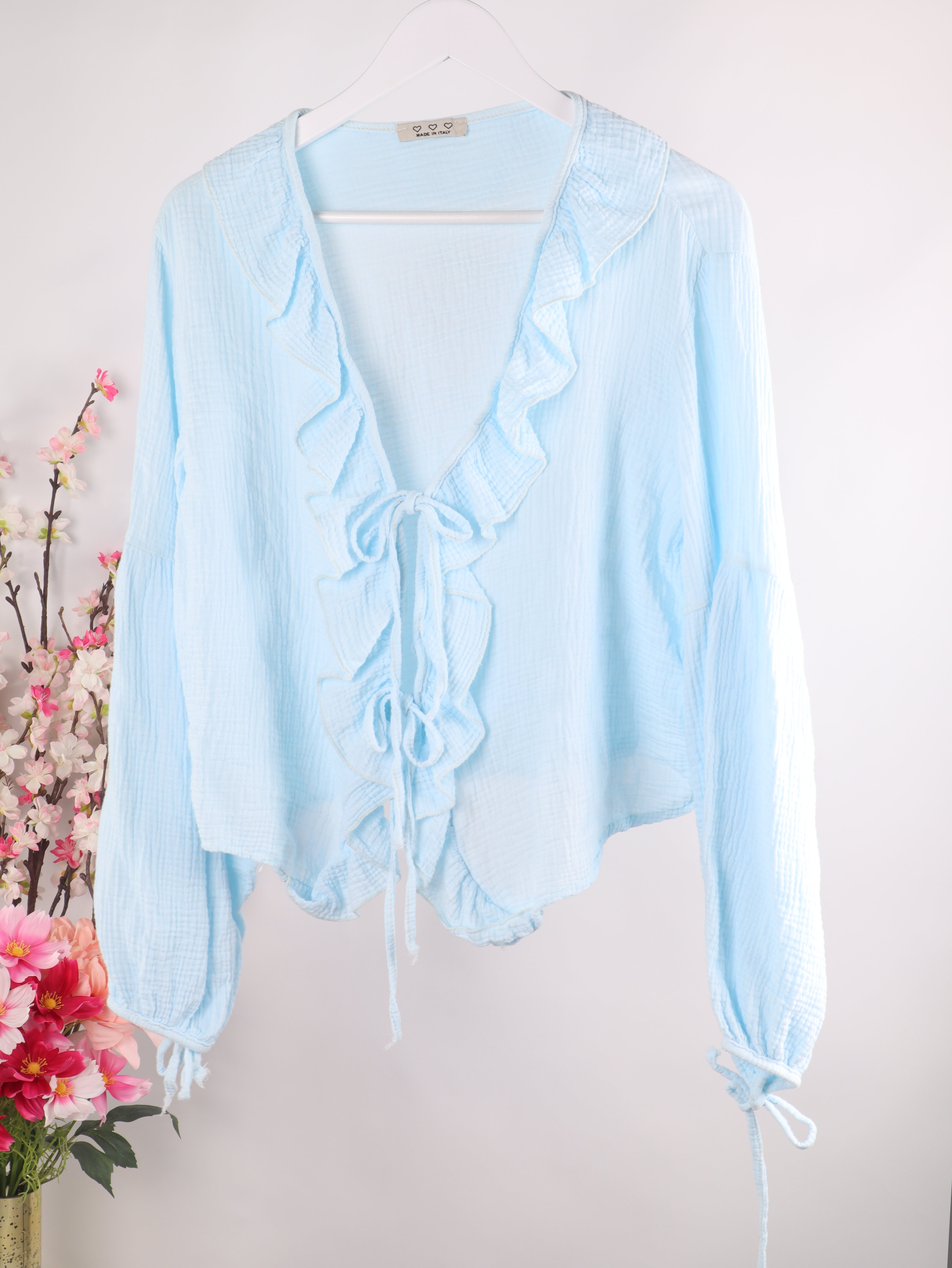 Musselin Bluse mit Rüschen & Bindeband