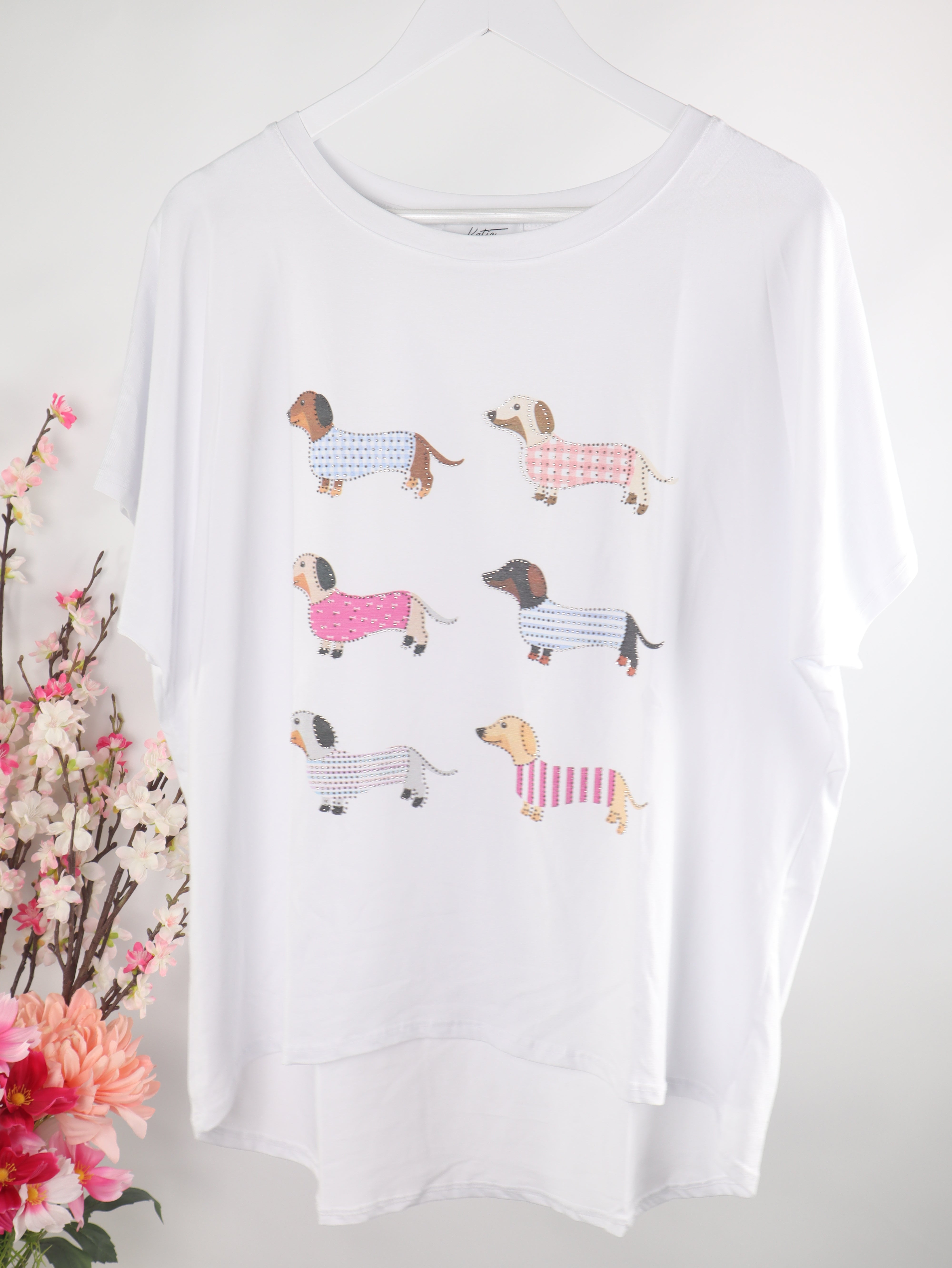 T-Shirt mit Dackel Print & Strass