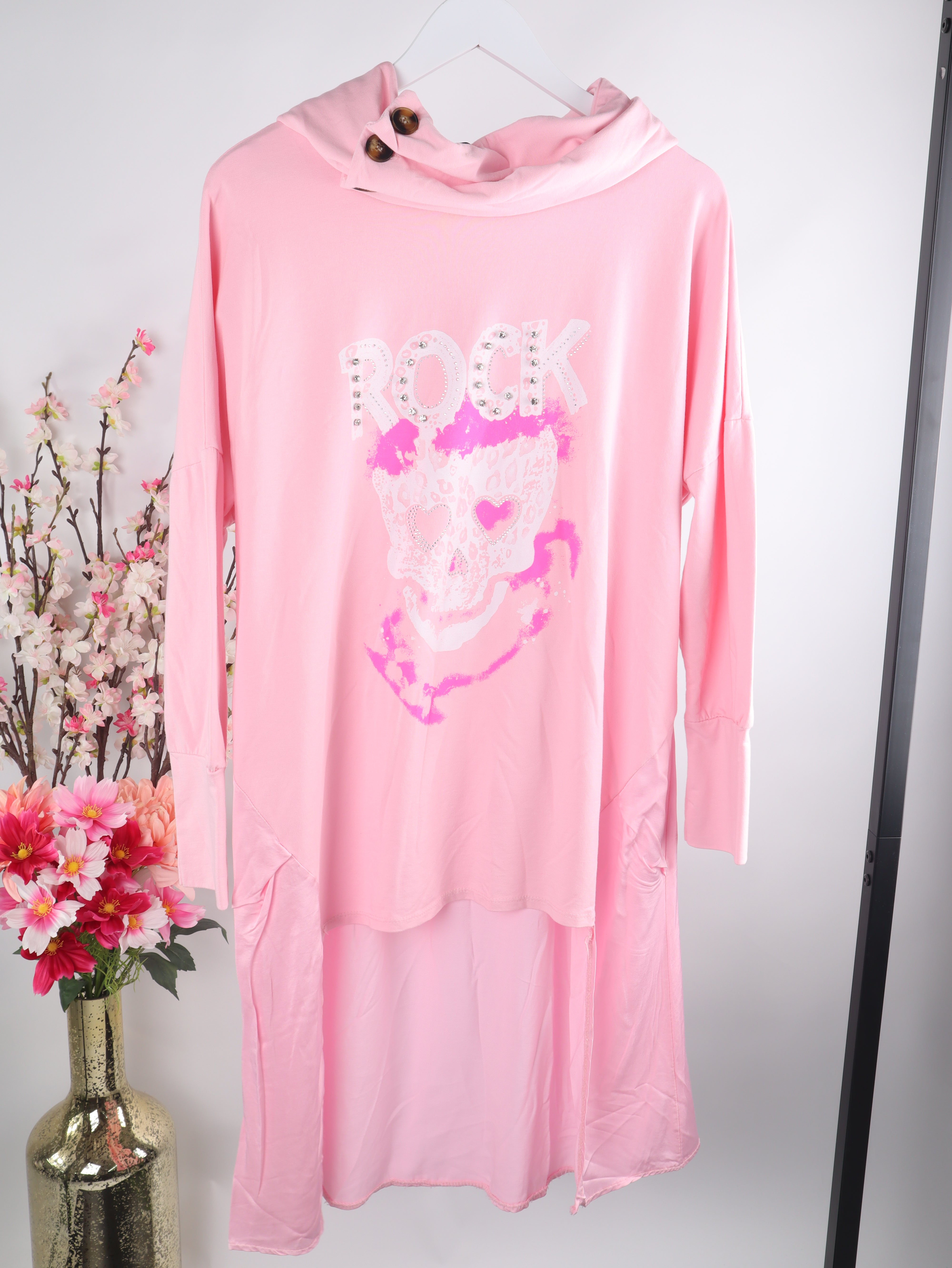 Oversize Hoodie Kleid „Rock Skull“ – Strass & Neon Print