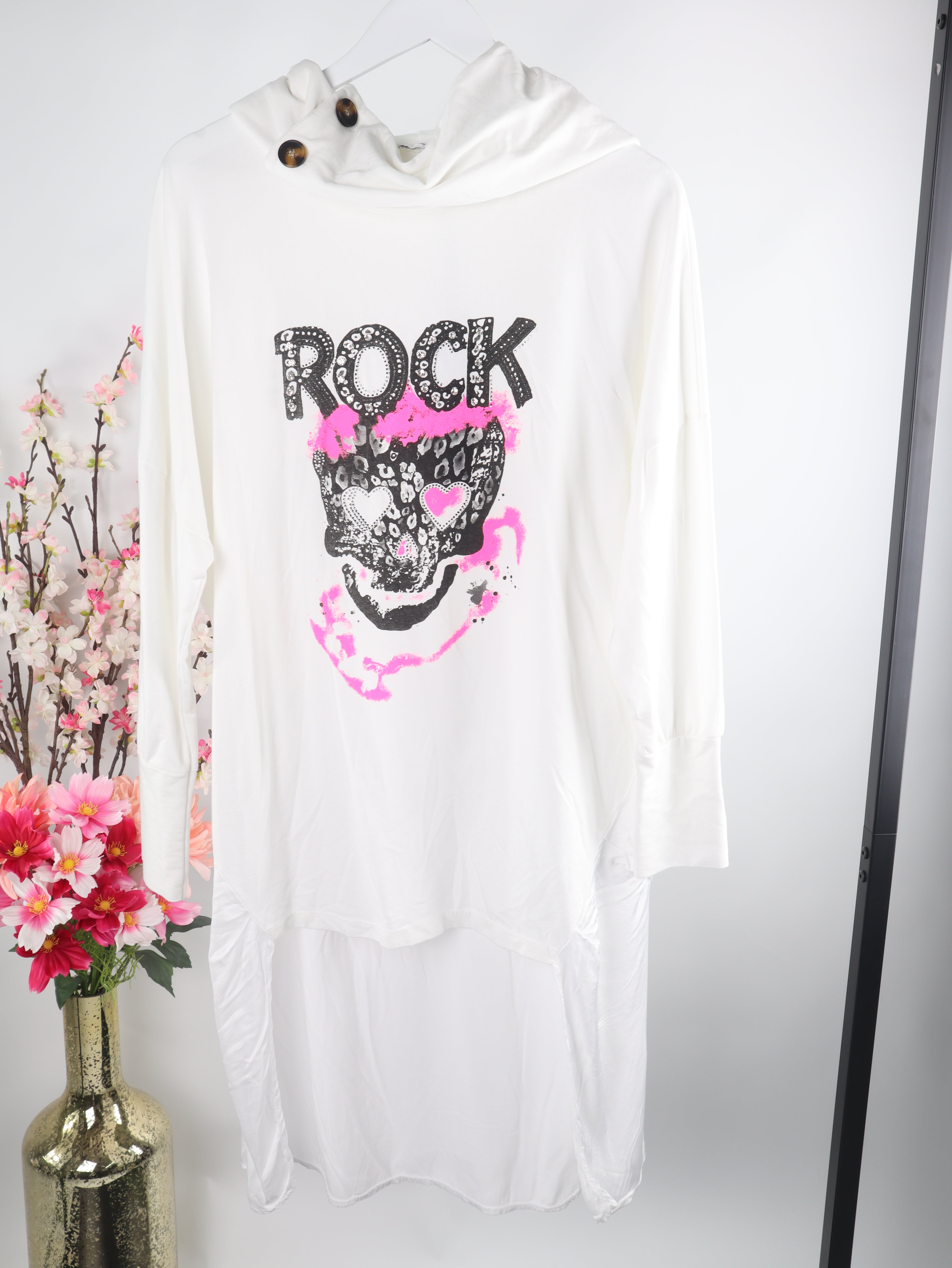 Oversize Hoodie Kleid „Rock Skull“ – Strass & Neon Print