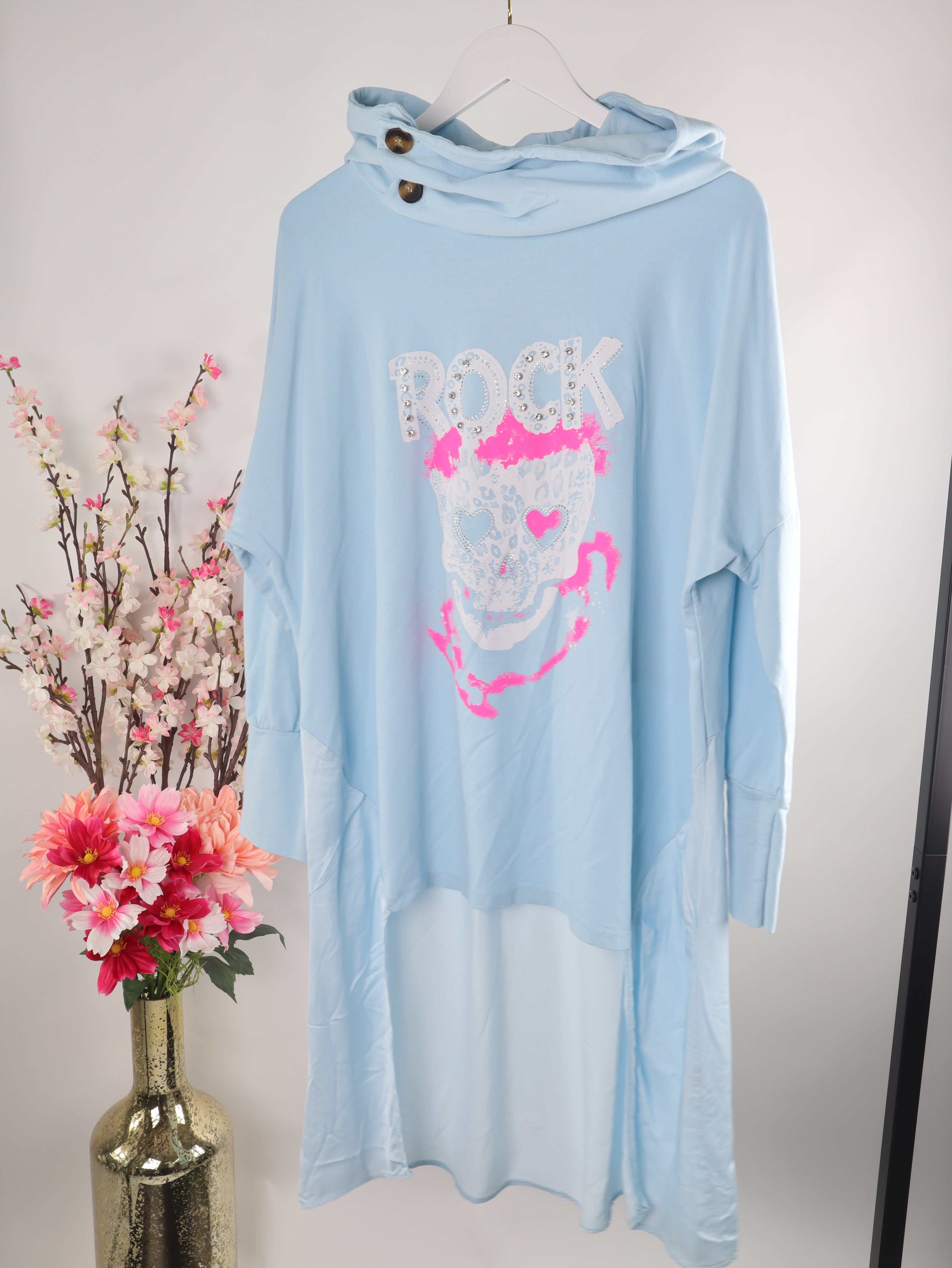 Oversize Hoodie Kleid „Rock Skull“ – Strass & Neon Print