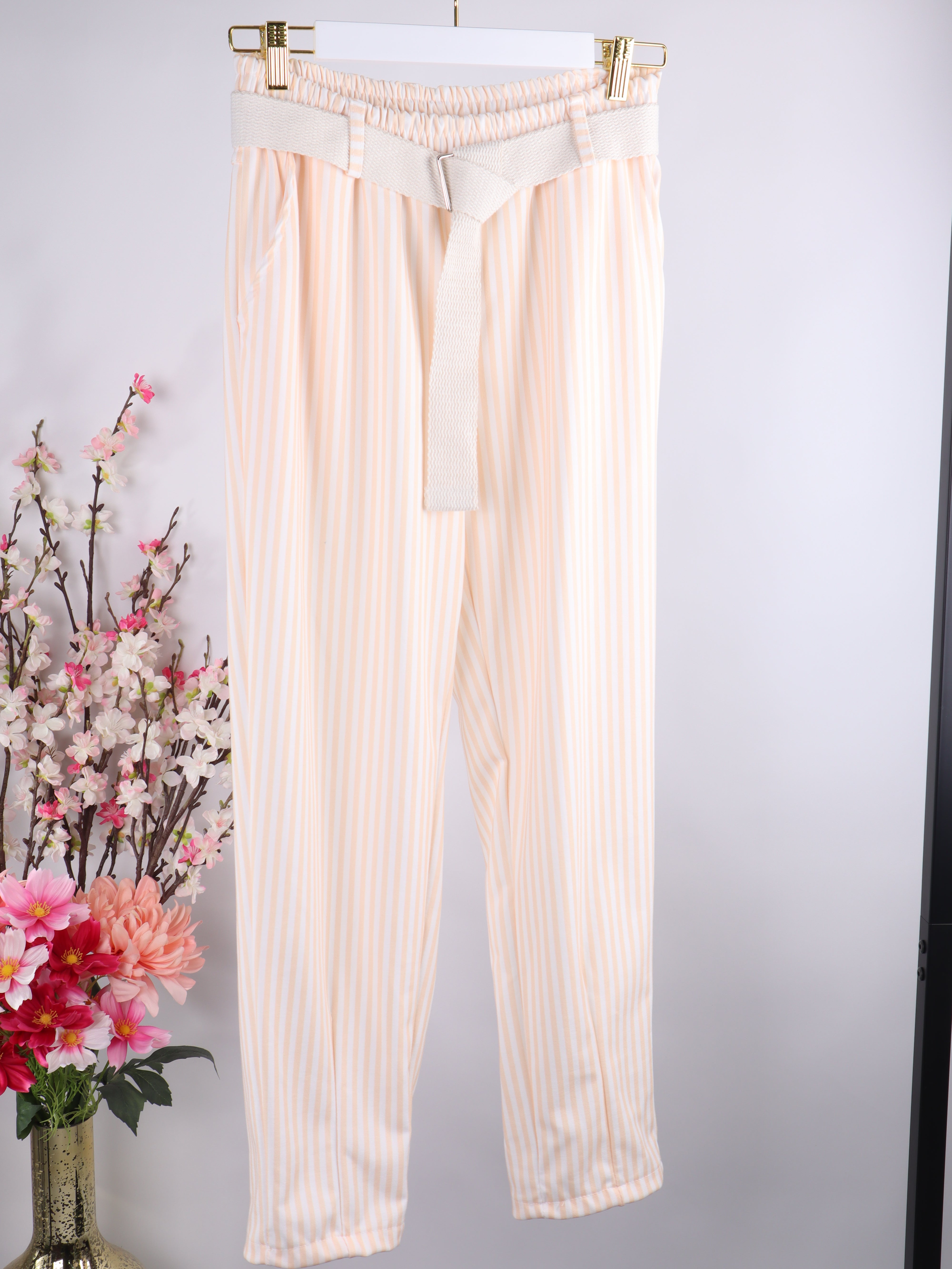 Streifen Stoffhose mit elastischem Bund & Gürtel