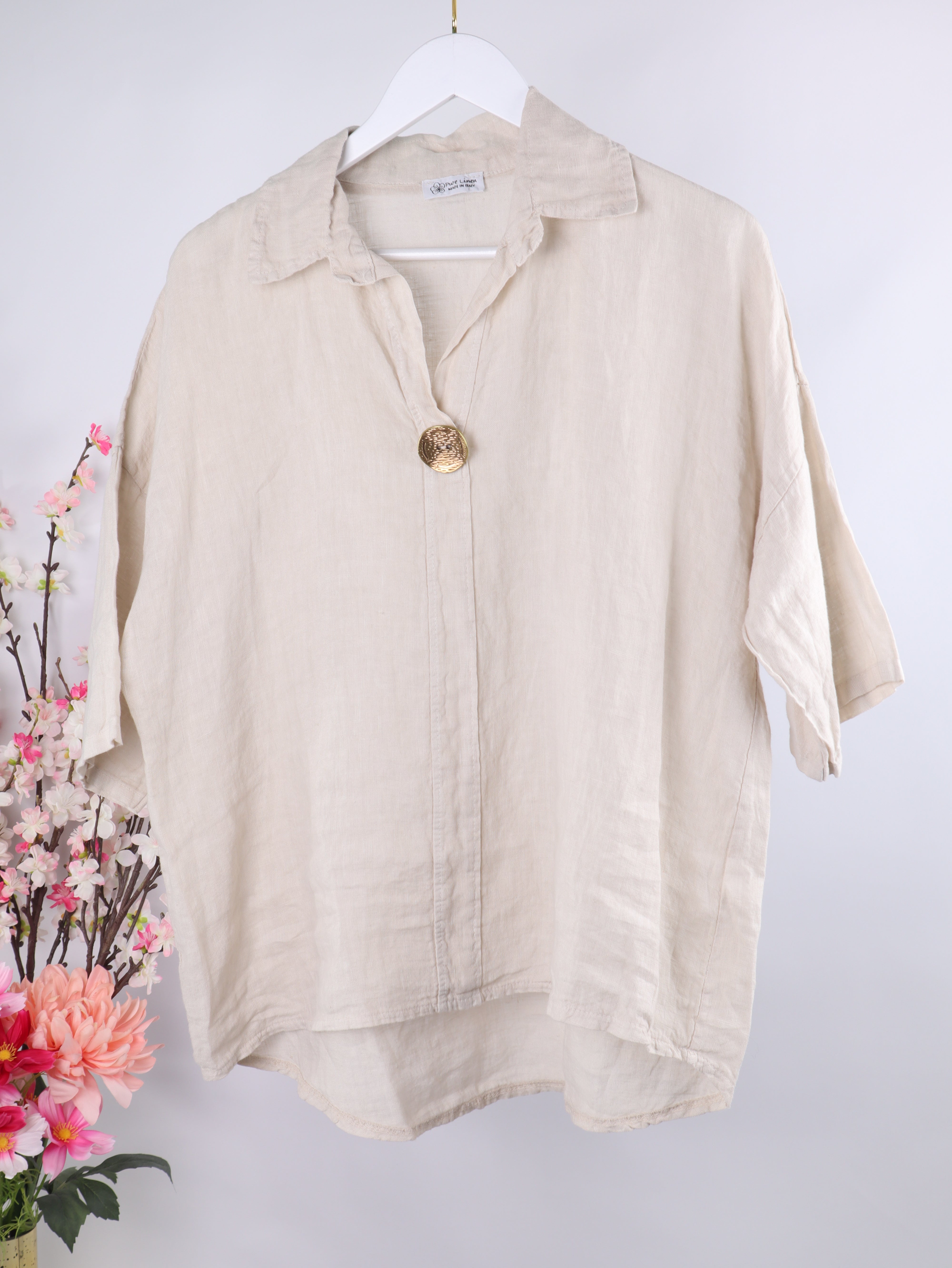 Oversize Leinenshirt mit Zierknopf