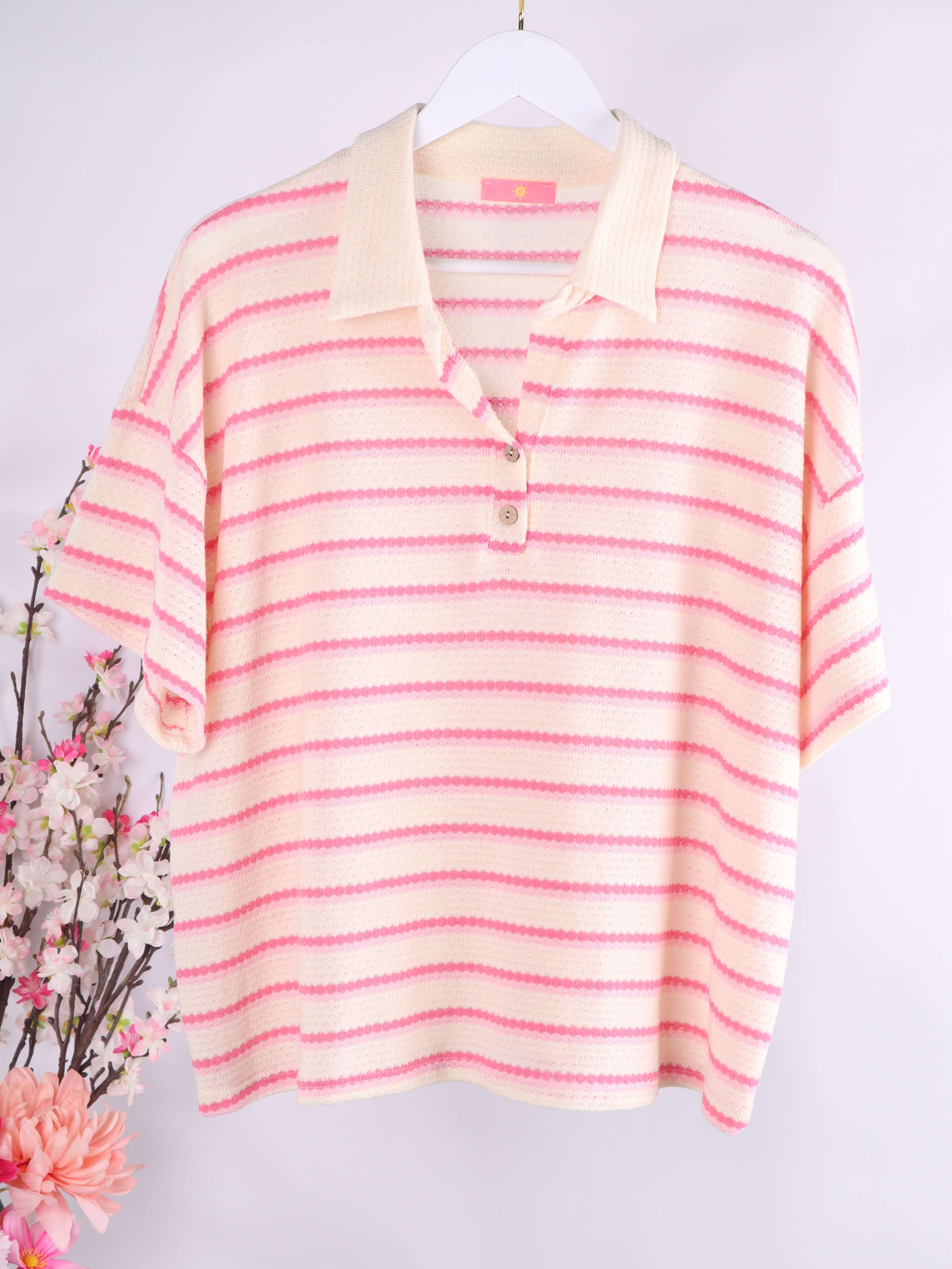 Oversize Strick-Poloshirt mit Pastell-Streifen