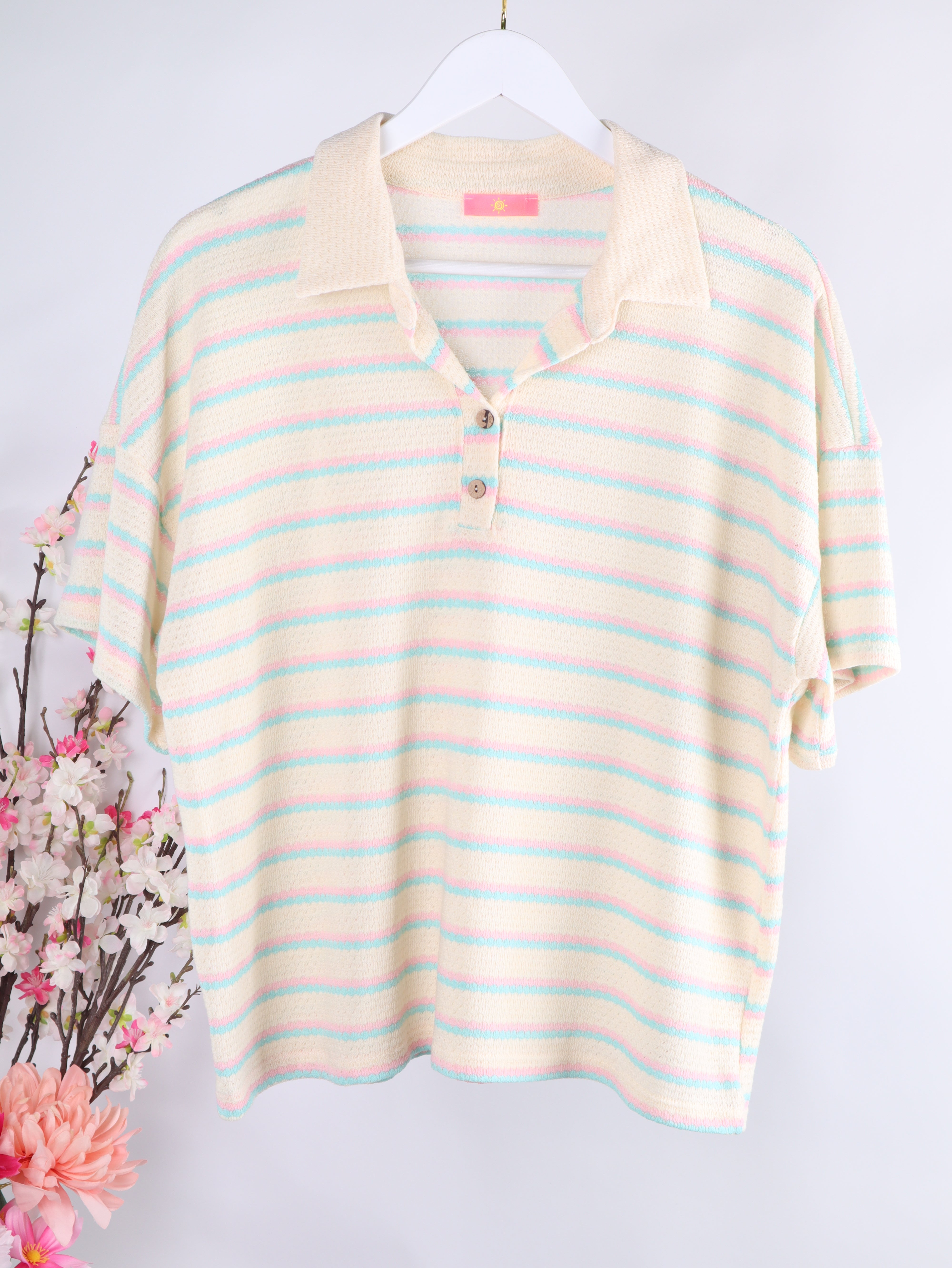 Oversize Strick-Poloshirt mit Pastell-Streifen